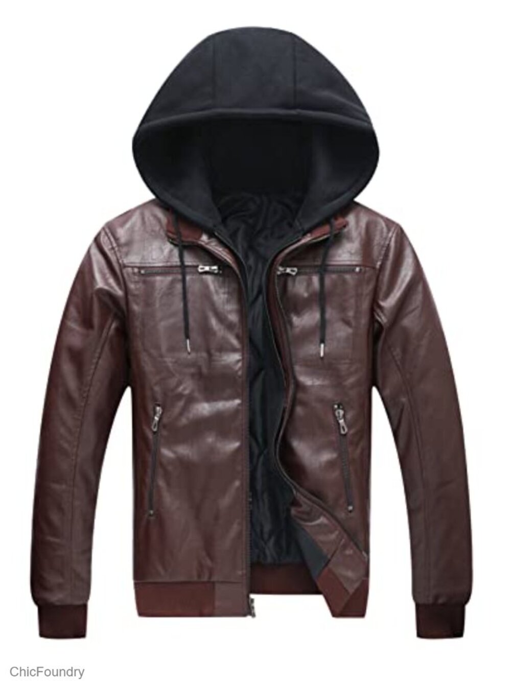 Mens Faux Leather Motorcycle Jacket Detachable Hood Pockets